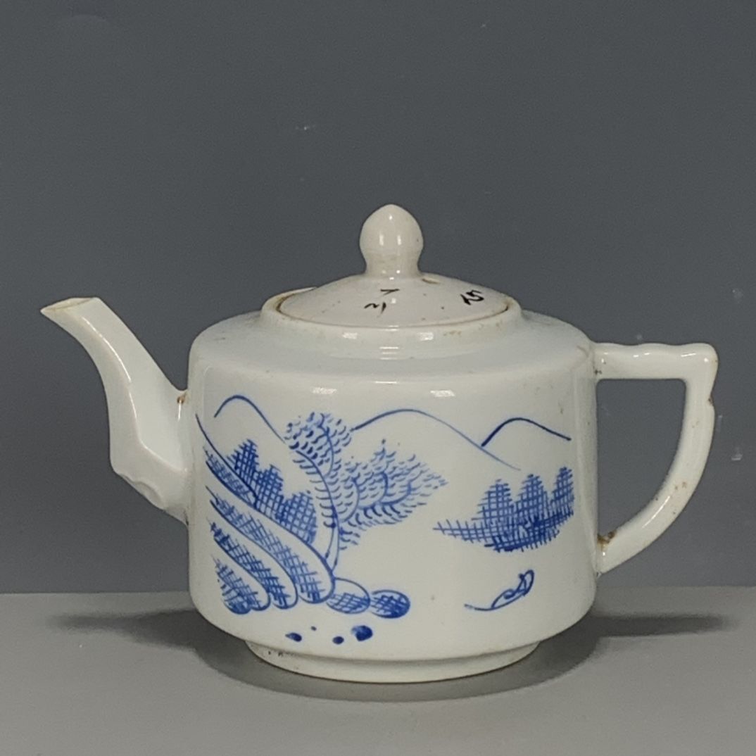 Vintage Collectible Pottery - El Boyaması Mavi Beyaz Porselen Çaydanlık