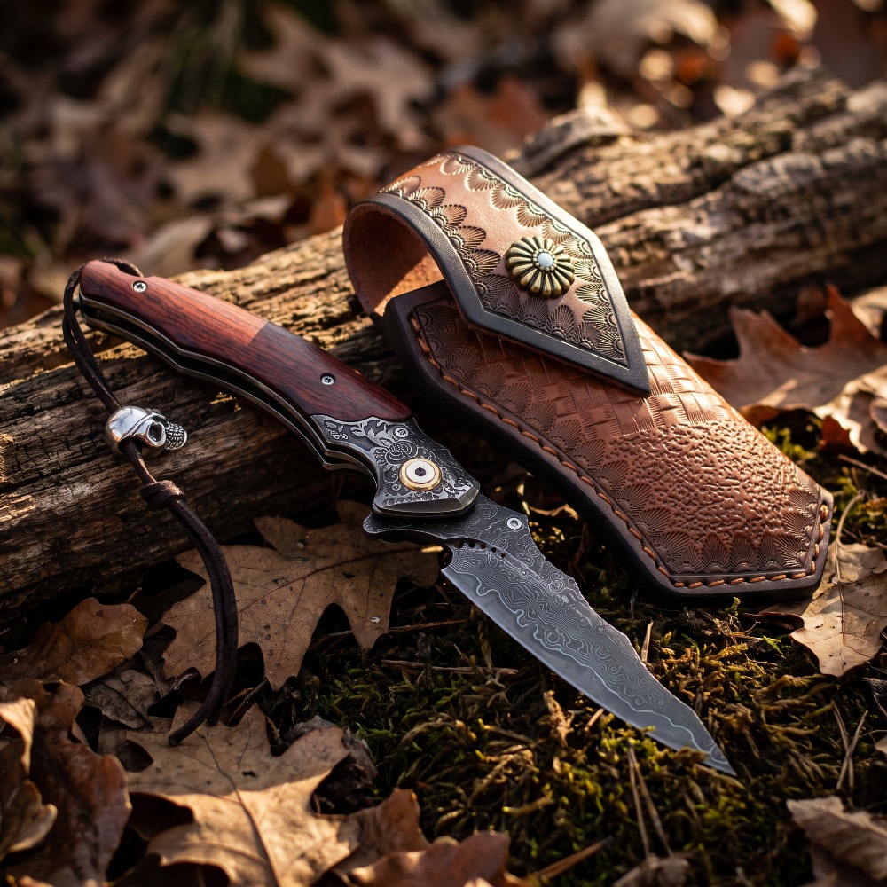 Vintage Collectible Pocket Knives - Vintage Oymalı Katlanabilir Bıçak Şam Desenli